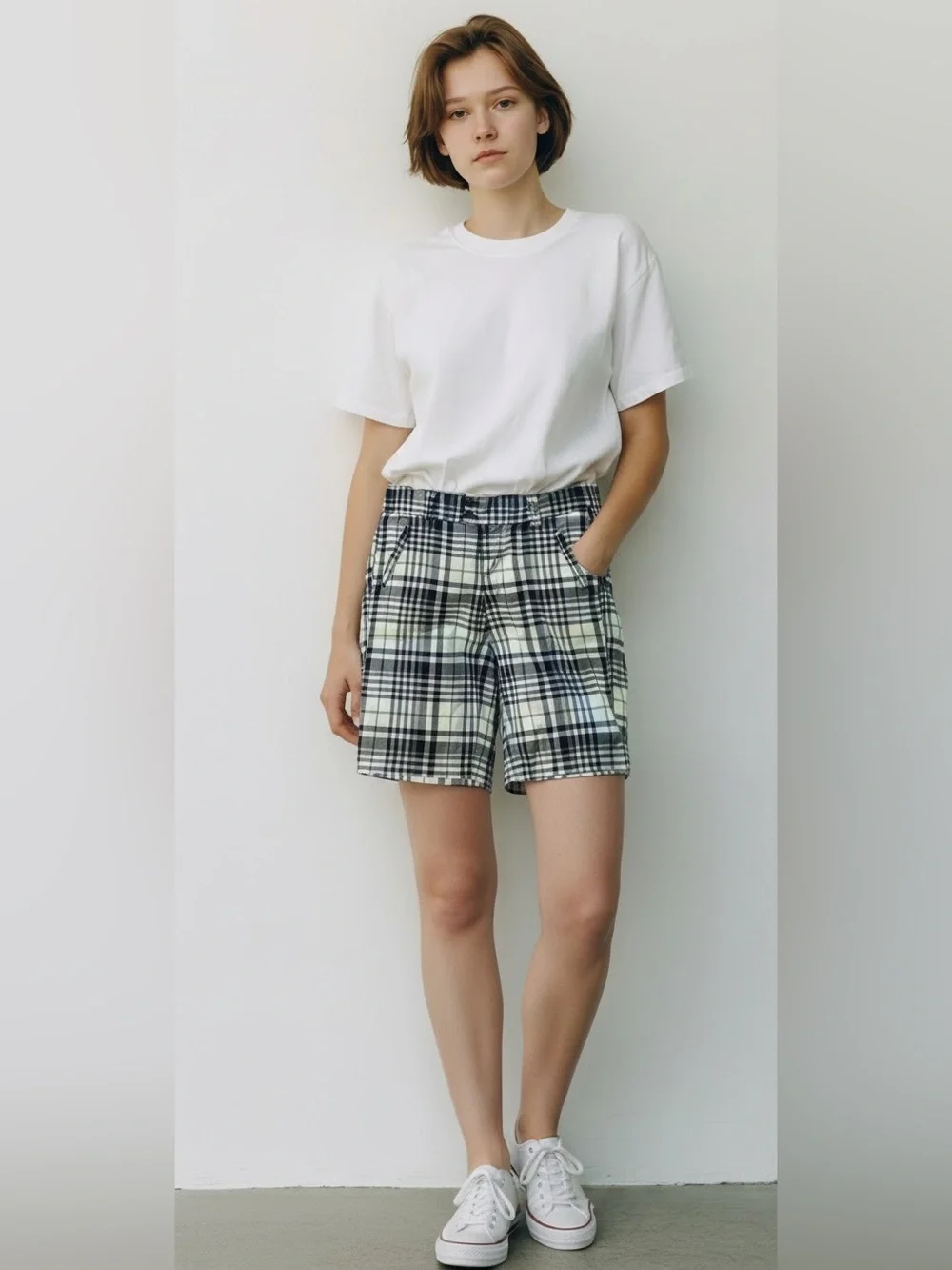 NWT Smart Set plaid print navy white green golf athleisure Bermuda short size 7 - Picture 1 of 15